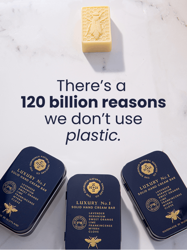 Image: Our Hand Cream Bar Tins accompanies bythe words "There's a 120 billion reasons we don't use plastic"