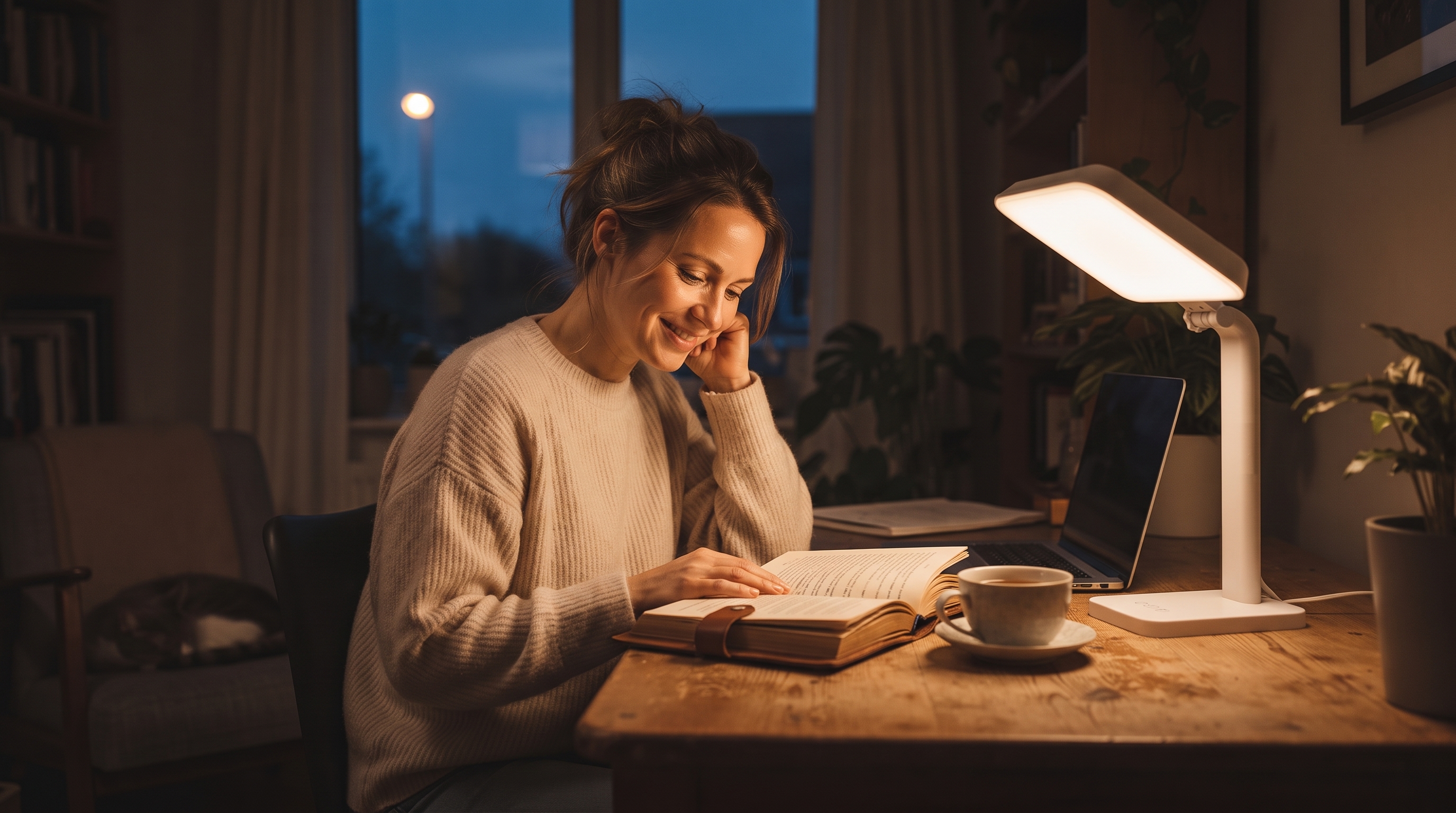 A woman reading in front of the TheraLite Aura
