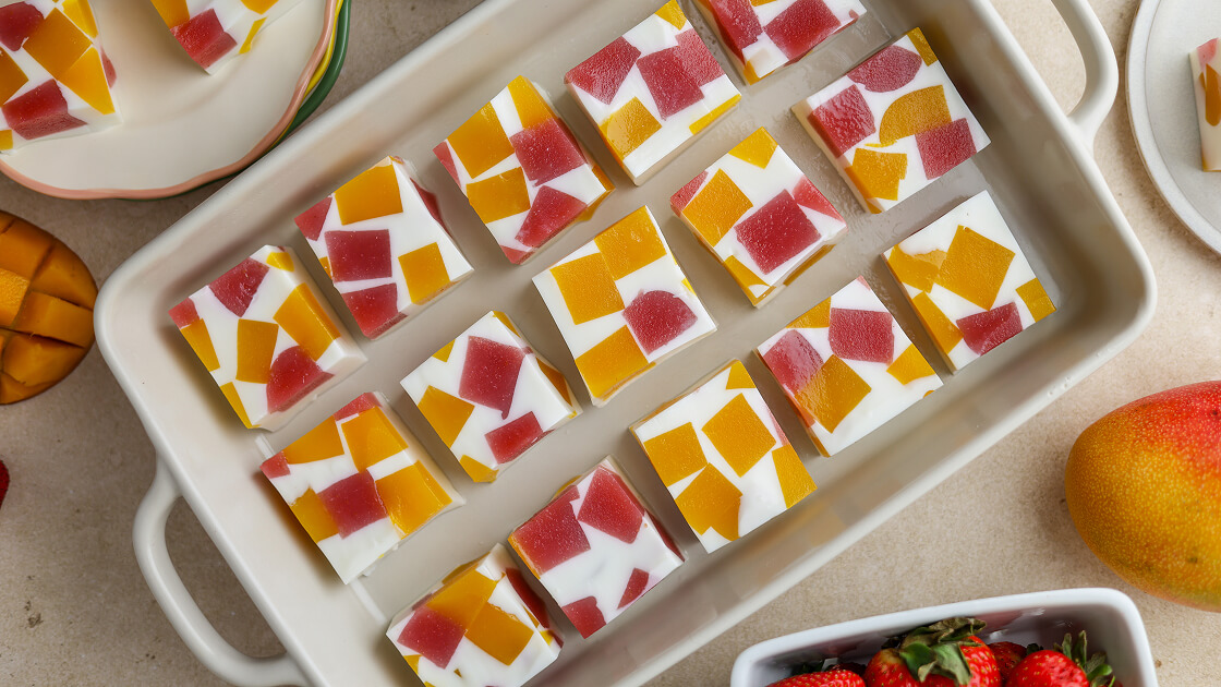 A batch of summer jelly cubes in a serving tray.