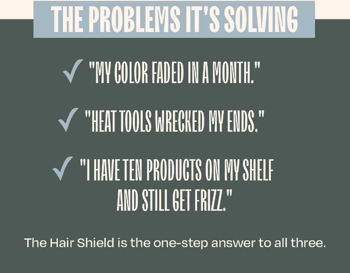 THE PROBLEMS IT'S SOLVING • "My color faded in a month." • "Heat tools wrecked my ends." • "I have ten products on my shelf and STILL get frizz." The Hair Shield is the one-step answer to all three.