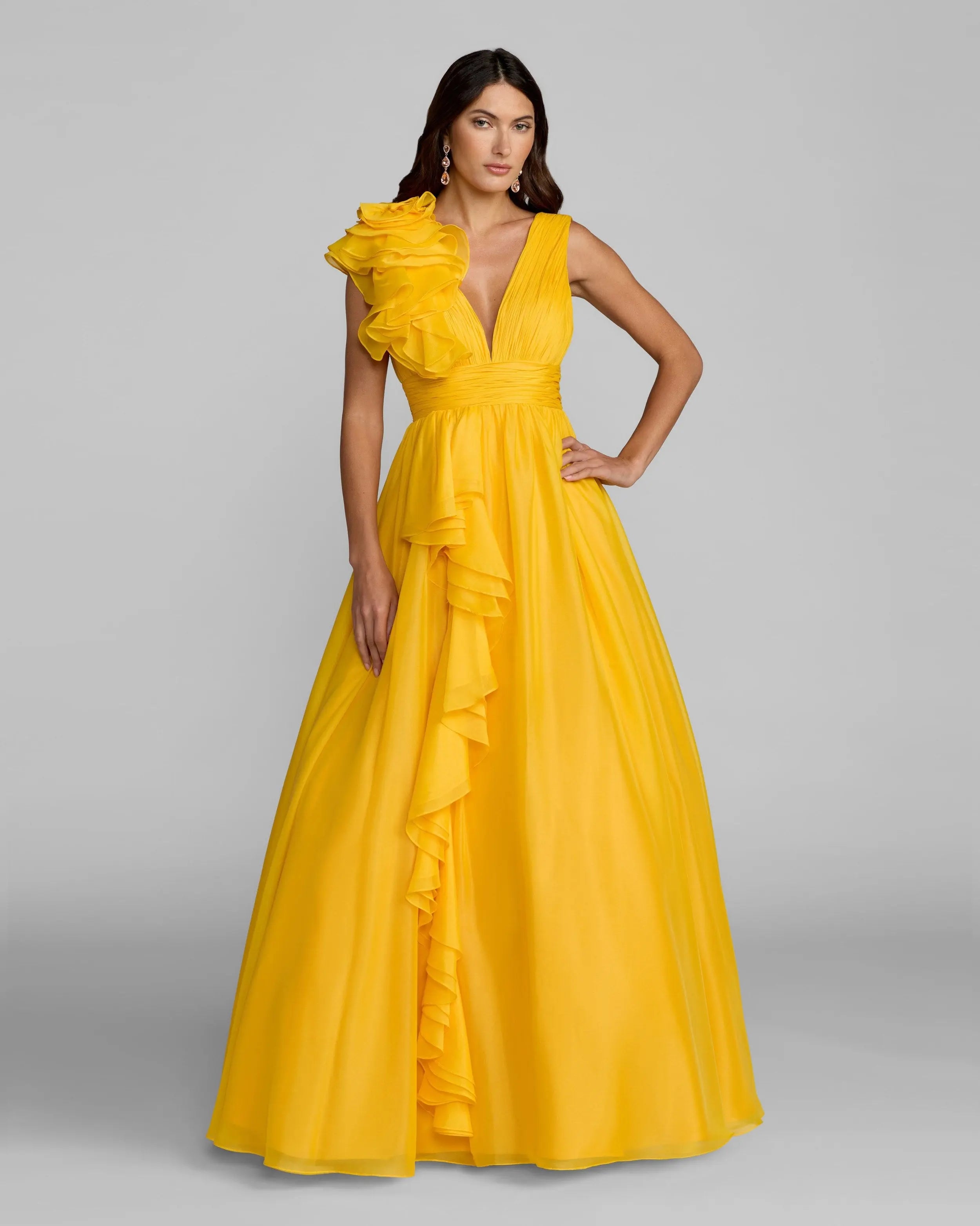 Image of Yellow Ruffle Shoulder V-Neck Chiffon Gown