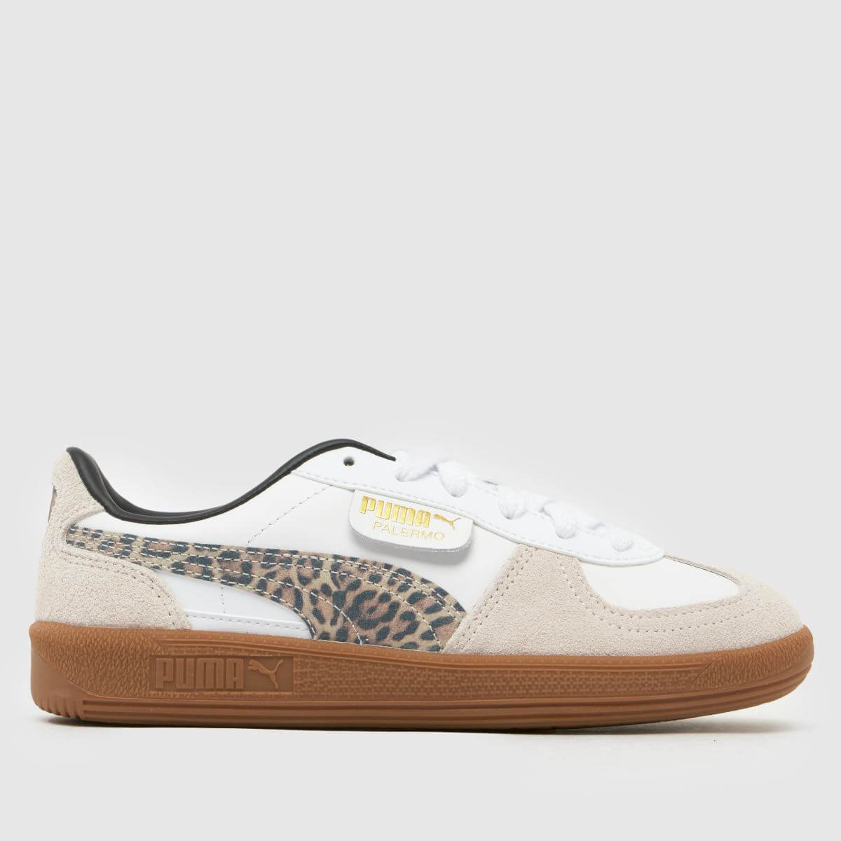 An image of a white and leopard print PUMA Palermo trainer