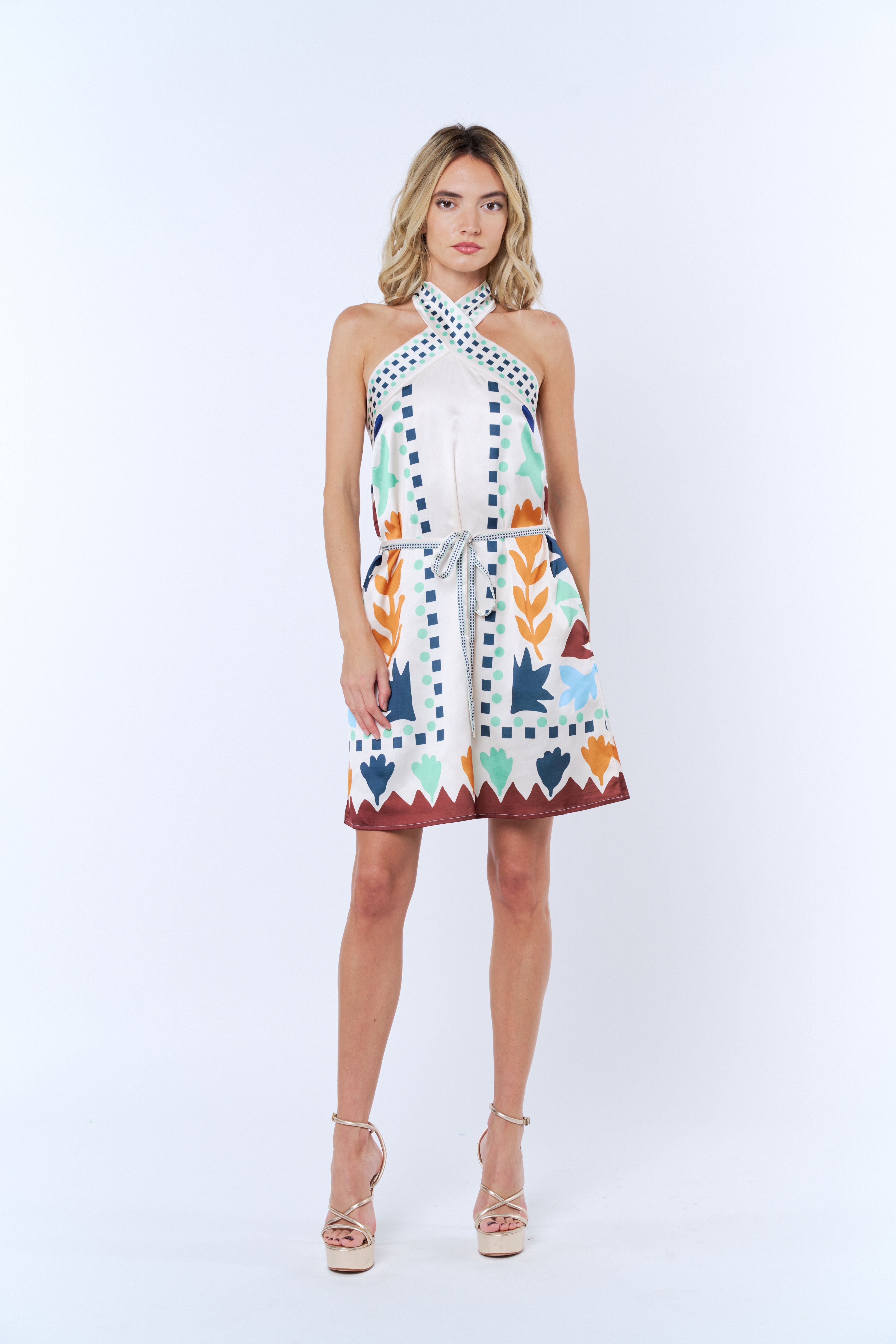 Image of Lio Abstract Print Satin Halter Mini Dress