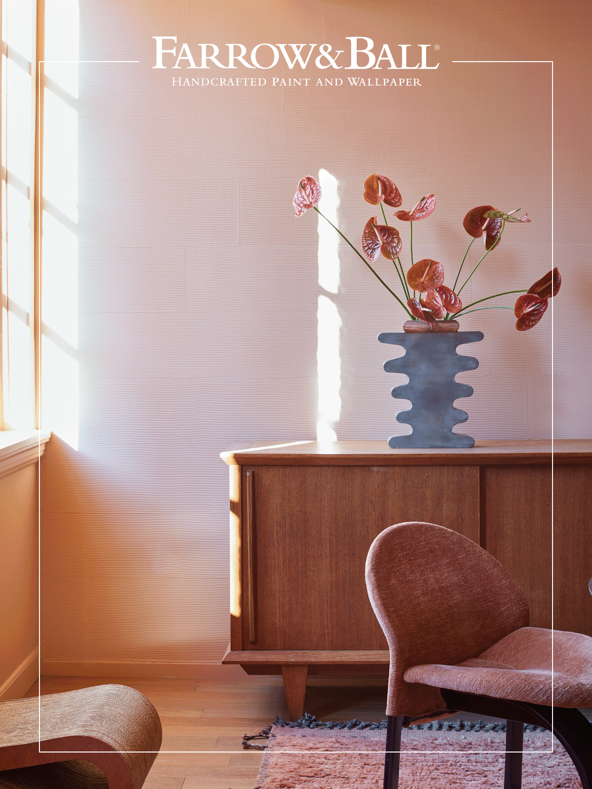 Three interior scenes: an olive bedroom corner, a sunlit sideboard with red flowers, and a modern lounge with cream seating. Text reads “OUR HIDDEN SHADES.”