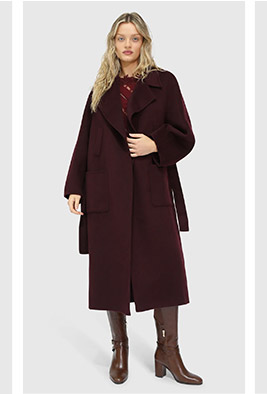 Big Girl Belted Wool Blend Coat - Burgundy