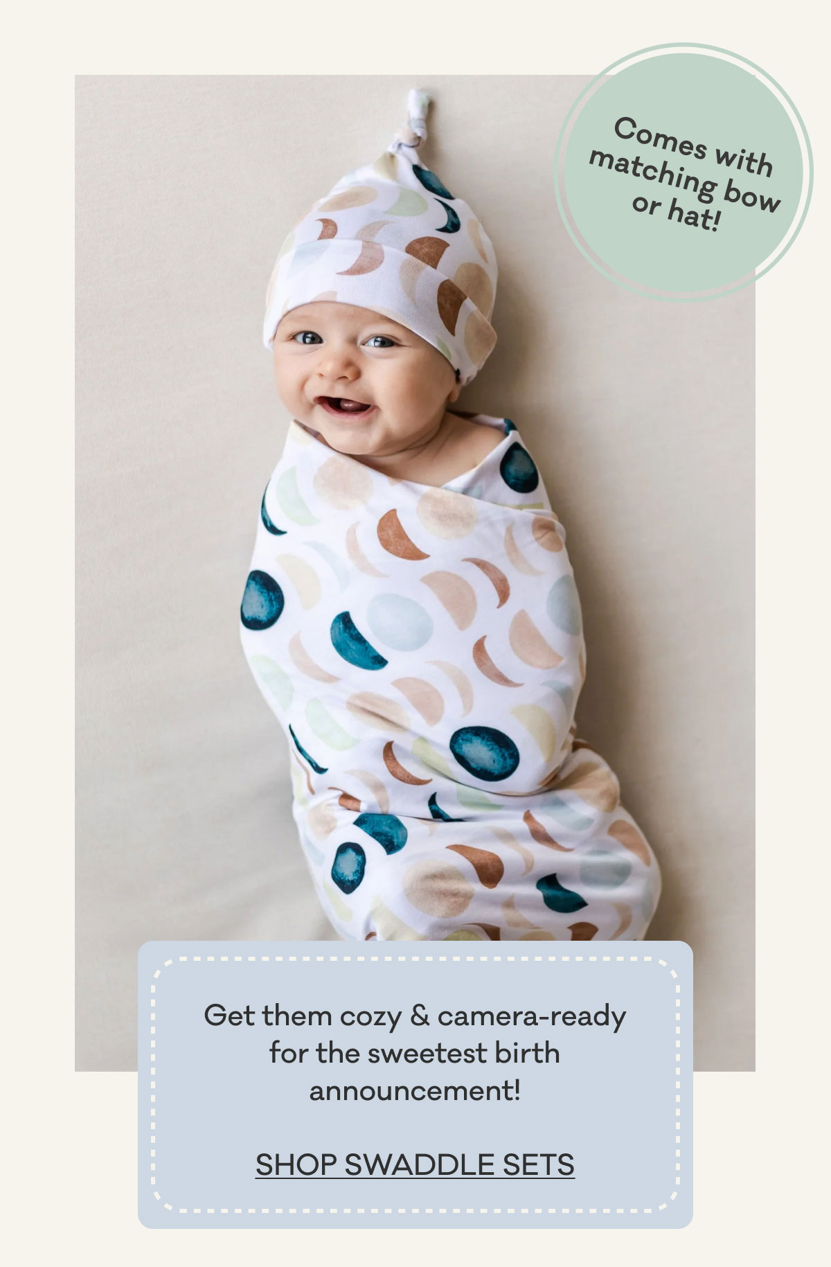 Comes with matching bow or hat! | Get them cozy & camera-ready for the sweetest birth announcement! | SHOP SWADDLE SETS