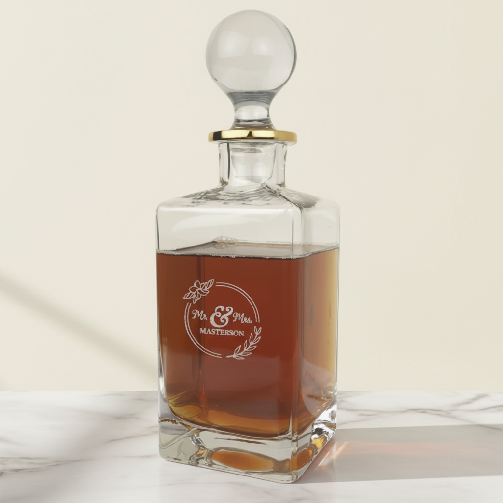 Engraved Floral Wreath Mr and Mrs Decanter with floral engraving.
