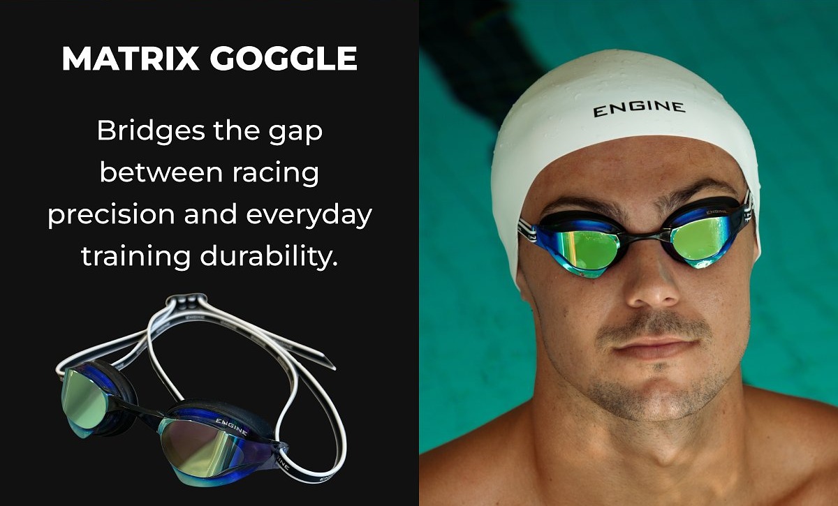 Goggles with text describing their features and usage for racing and training.