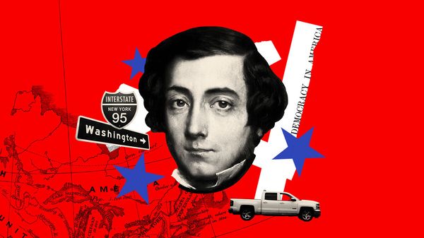 Collage of De Tocqueville on a red background, with a map of the United States and blue stars. 
