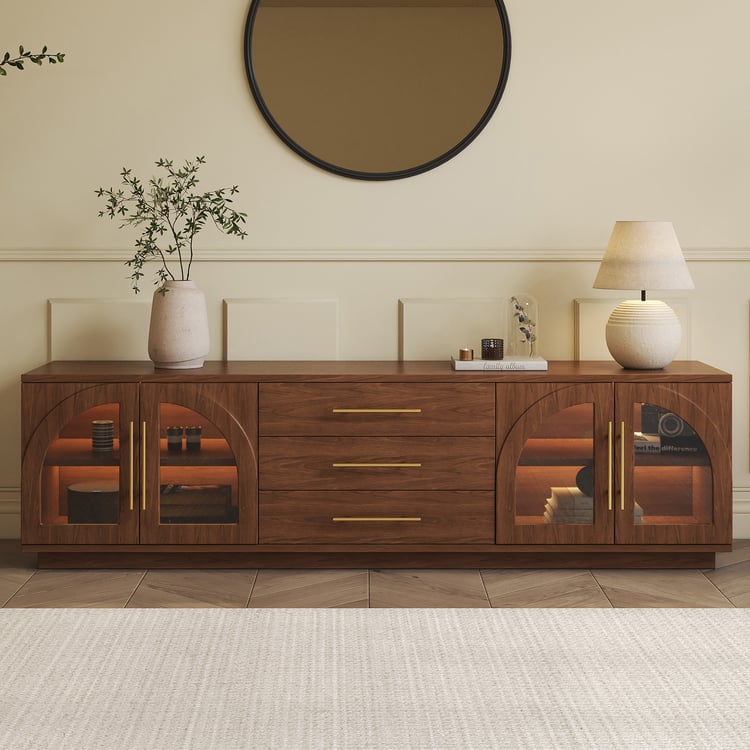 Arune 72" Arched Glass Doors Walnut TV Stand with Storage and LED