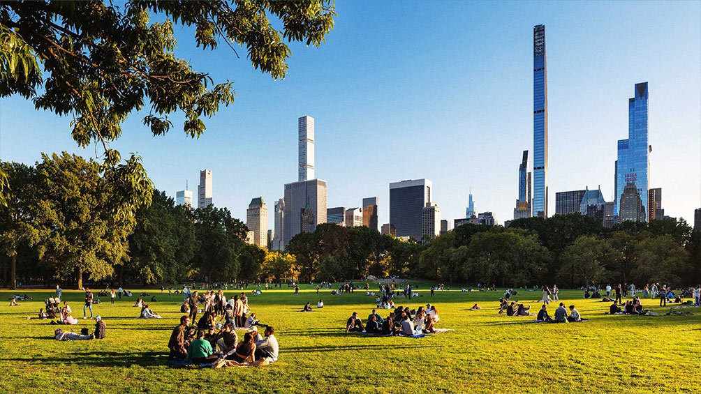 Image description: Groups enjoy Sheep Meadow on a sunny day.
