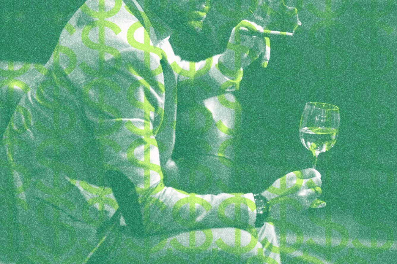 Printmaking-style photo collage in shades of green showing a close crop of a man in a fancy suit smoking a cigar and holding a glass of wine, with a repeat pattern of green dollar signs superimposed on him.