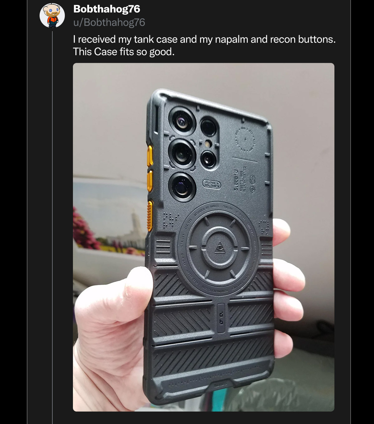 u/Bobthahog76 on Reddit: "I received my tank case and my napalm and recon buttons. This case fits so good."