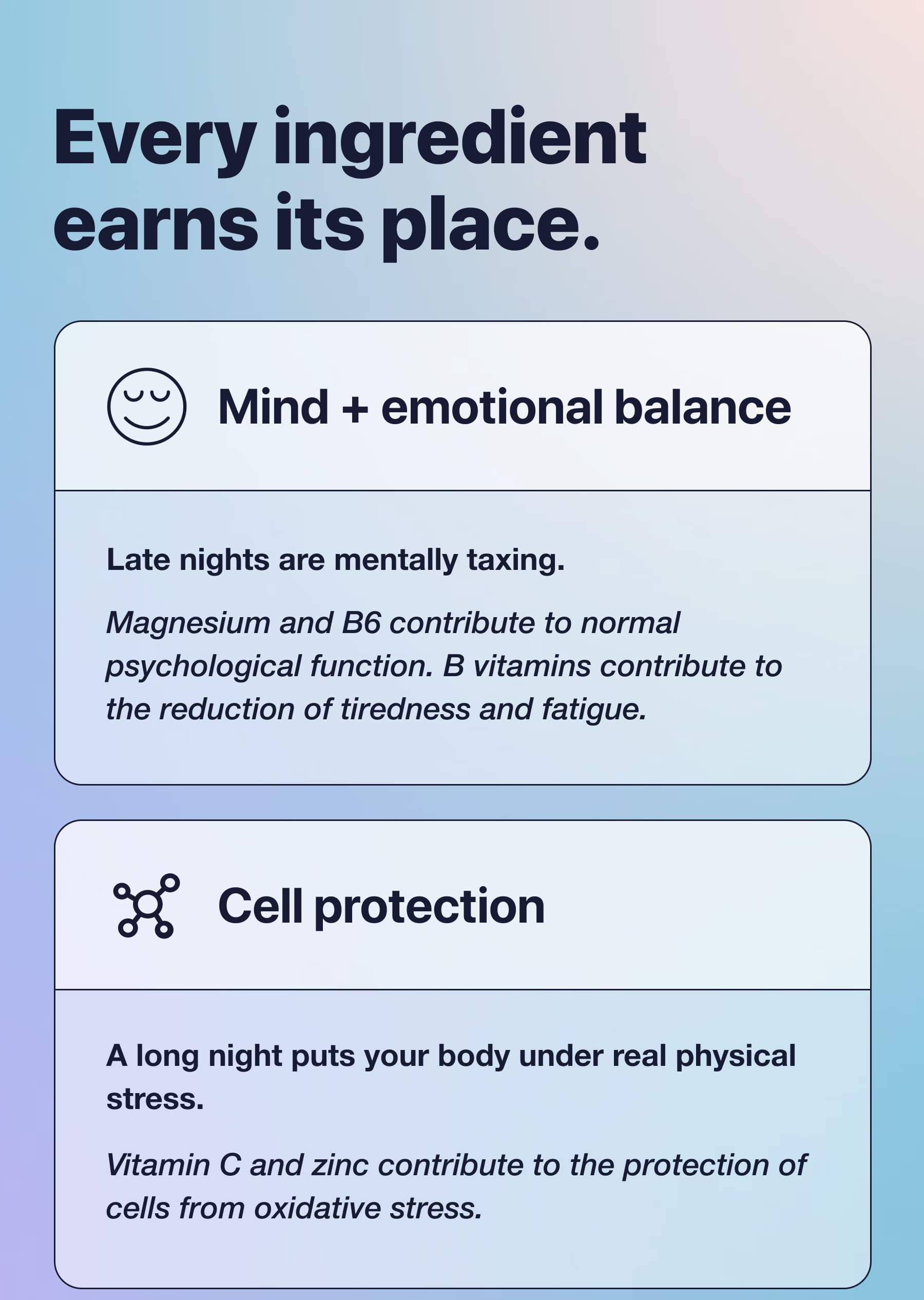 Every ingredient earns its place. Mind + emotional balance Late nights are mentally taxing. Magnesium and B6 contribute to normal psychological function. B vitamins contribute to the reduction of tiredness and fatigue. Cell protection A long night puts your body under real physical stress. Vitamin C and zinc contribute to the protection of cells from oxidative stress.