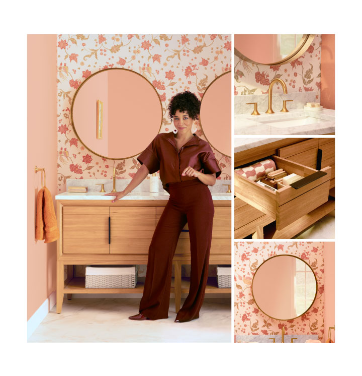 Aliso Console Vanity in Natural Teak, Lentz Bathroom Collection in Brushed Gold, Palora Vanity Mirror