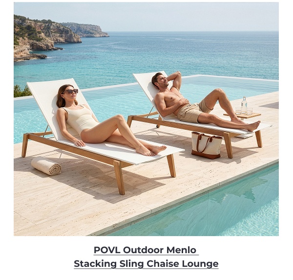 Couple relaxing on poolside chaise lounges. Image Text: POVL Outdoor Menlo Stacking Sling Chaise Lounge