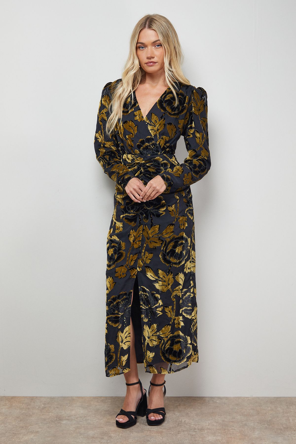 Floral Shoulder Pad Long Sleeve Midi Dress