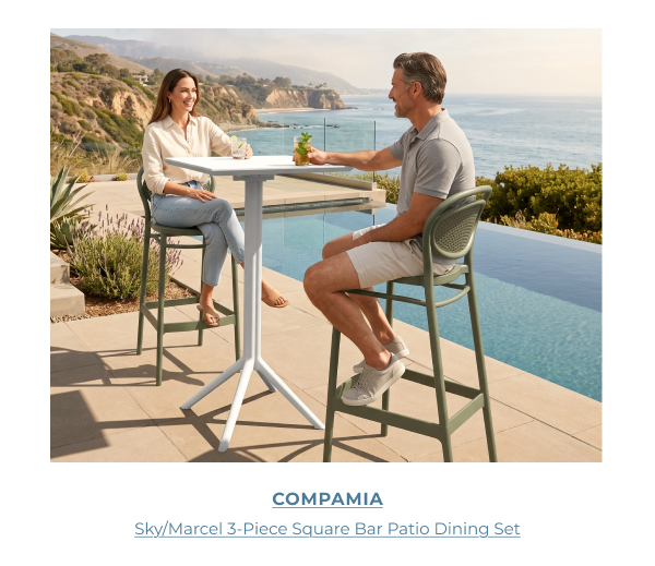 Compamia Sky Marcel 3-Piece Square Bar Dining Set on an oceanfront patio