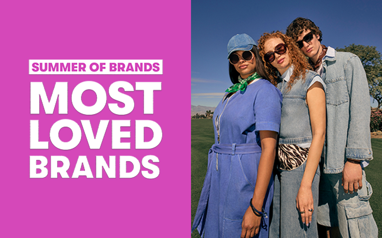 A pink graphic with the text “SUMMER OF BRANDS. MOST LOVED BRANDS” next to three models wearing sunglasses.