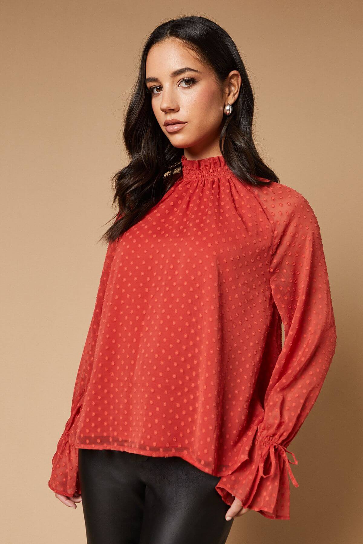 Dobby Chiffon Tie Cuff Blouse