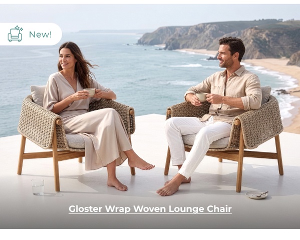 Couple relaxing in woven lounge chairs. Image Text: New! Gloster Wrap Woven Lounge Chair