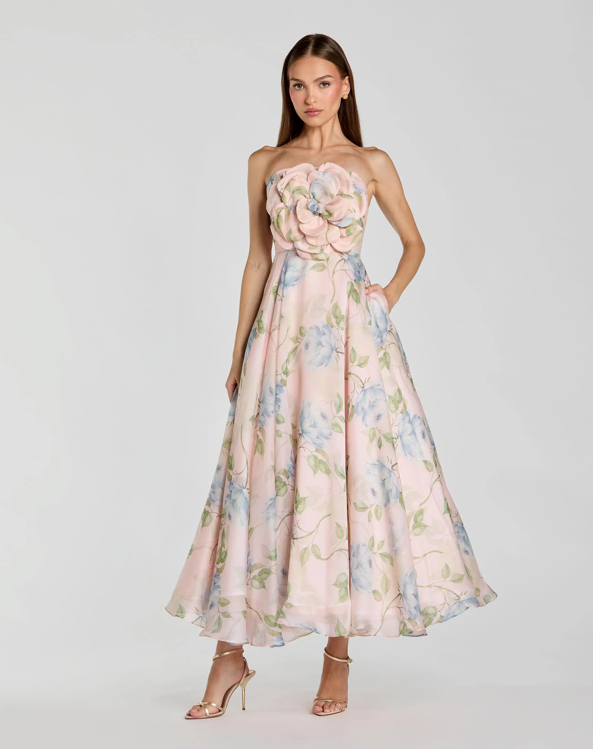 Image of Pink Strapless Floral Organza Midi Dress With Flower