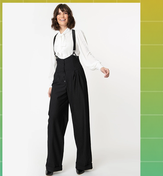 Unique Vintage 1930s Black & White Pin Stripe Thelma Suspender Pants