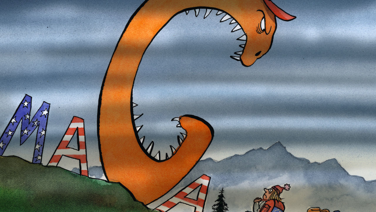 Illustration of hikers walking up a hill but being frightened off by an angry monster that is shaped like the G in the acronym MAGA.