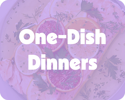 A purple-toned image of a citrus-topped salmon fillet in a plastic-free Anyday dish, with bold white text that reads "One-Dish Dinners."