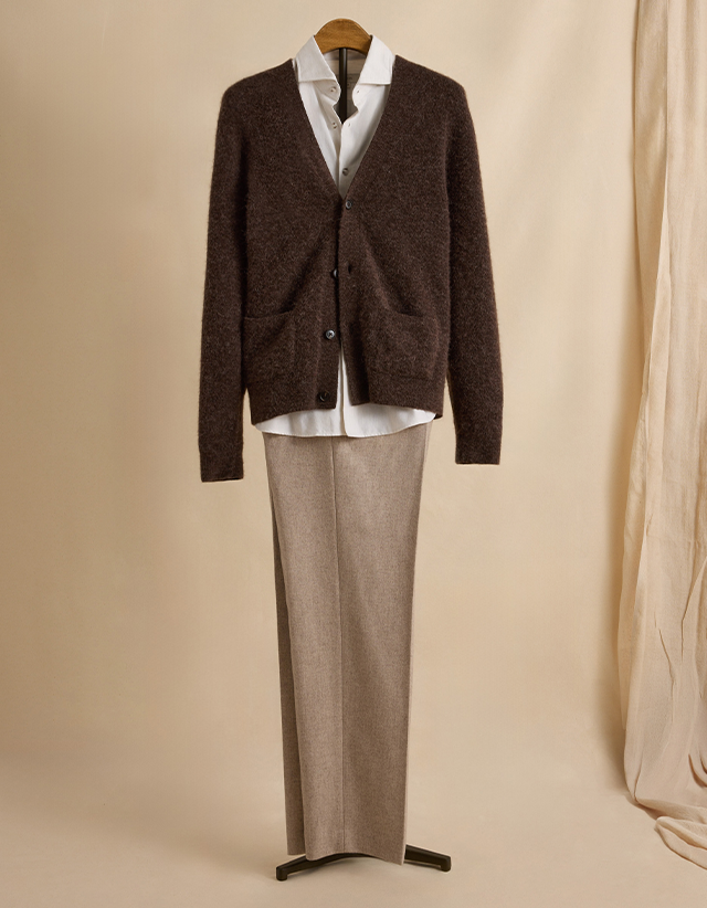 A tonal base layered with softness. This is elevated smart-casual done right.