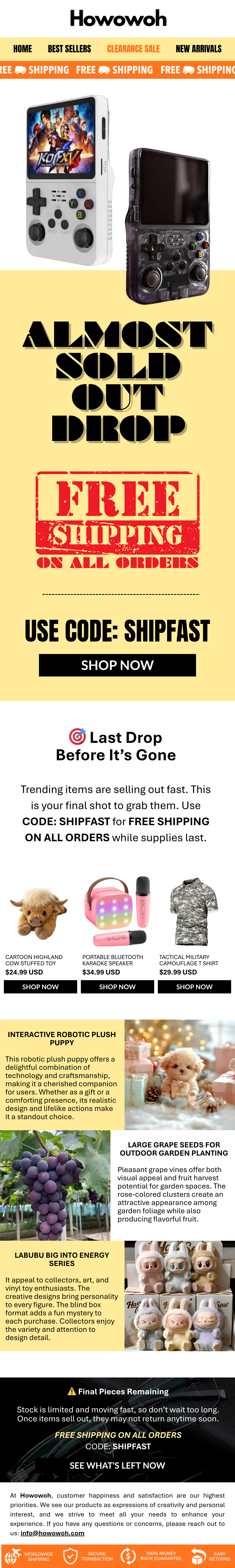 Final pieces are moving fast, don’t miss out! Today comes with FREE SHIPPING ON ALL ORDERS with code SHIPFAST.