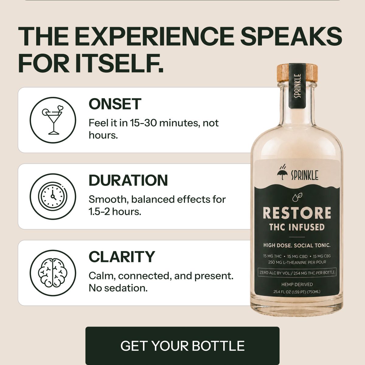 Bottle of Restore THC infused tonic with details on onset, duration, and clarity.