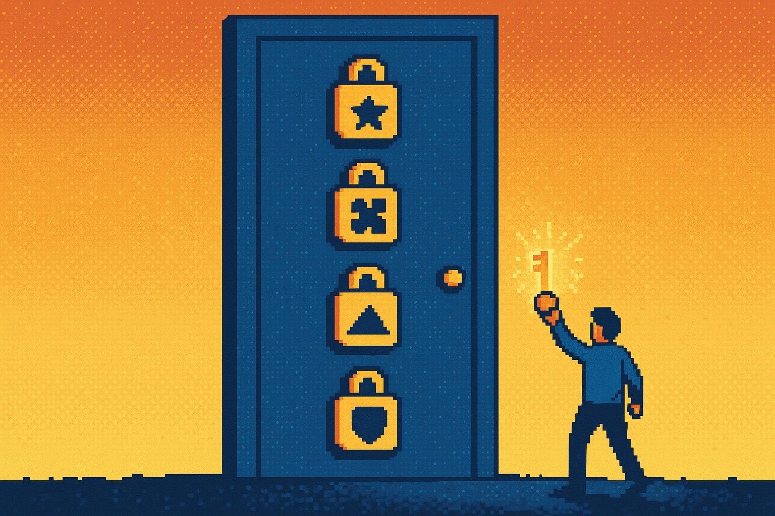 Pixel art of an entrepreneur holding a glowing key toward a tall blue door with four golden locks shaped like a star, puzzle, triangle, and shield, symbolizing the hidden anxieties that block buying decisions.