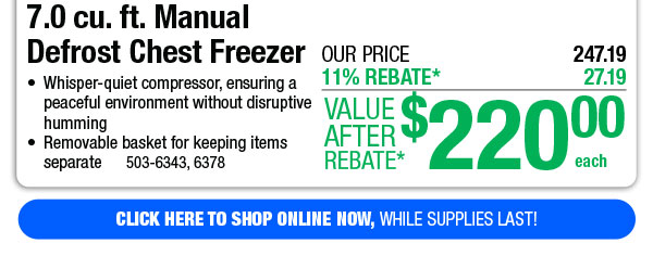 7.0 cu. ft. Manual Defrost Chest Freezer - Free Shipping To Store!