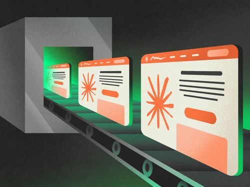 Illustration of a conveyor belt producing a boring Claude website