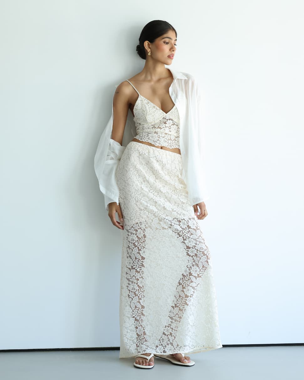 Lace Skirt and Top, Sheer Shirt Layered Over