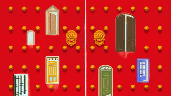 Red wall with colorful doors, windows, and Chinese lion-head door knockers