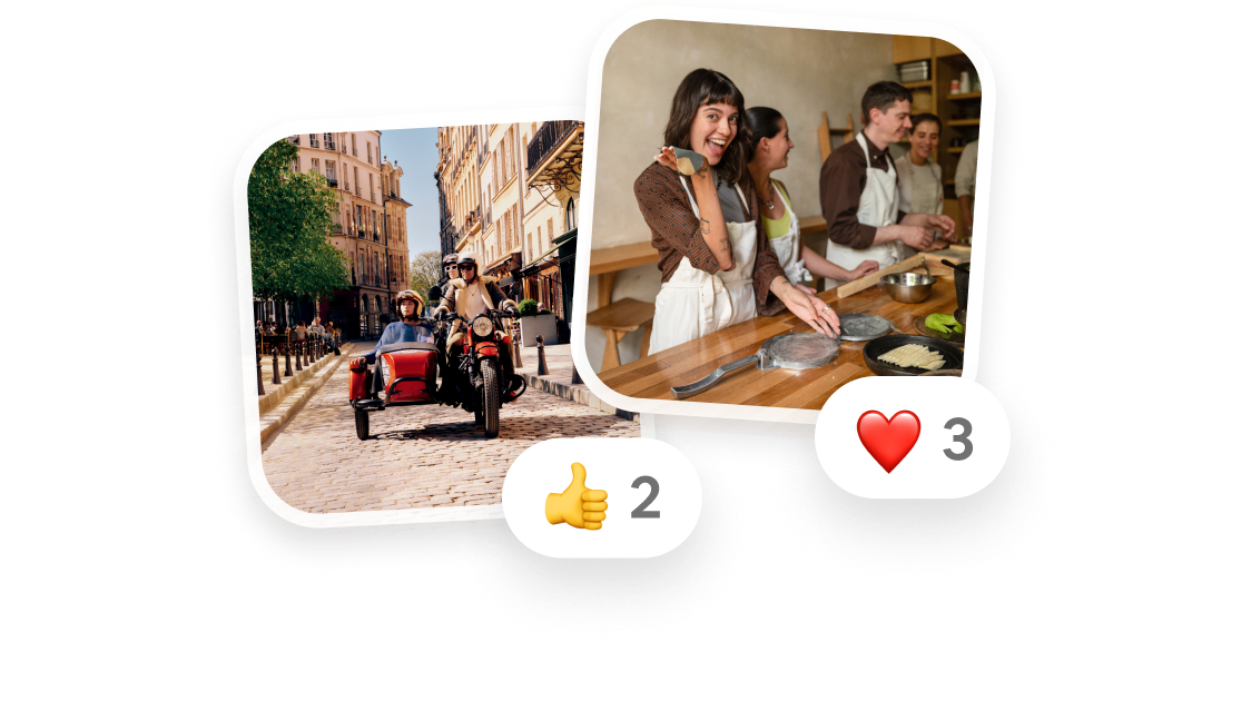 Two snapshots of Airbnb Experiences around the world with emoji reactions attached. The first, a pair of travelers riding a motorcycle with a sidecar through European streets. The second, featuring guests posing excitedly in a group cooking class.
