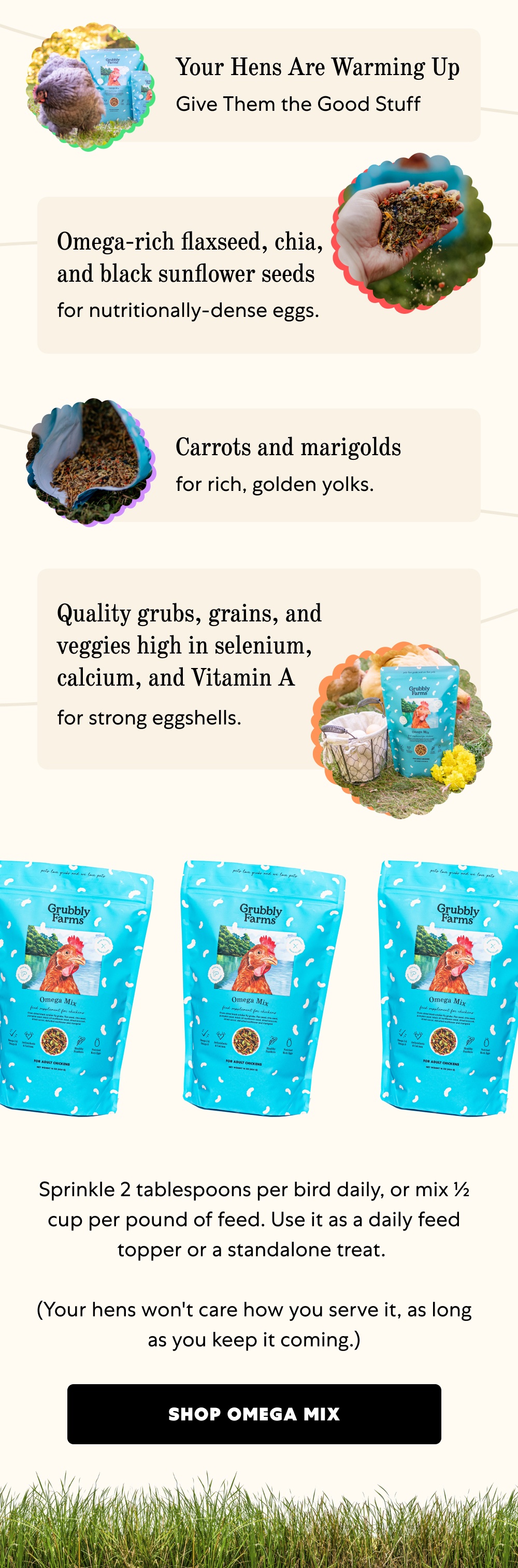 Your Hens Are Warming Up Give Them the Good Stuff Omega-rich flaxseed, chia, and black sunflower seeds for nutritionally-dense eggs. Carrots and marigolds for rich, golden yolks. Quality grubs, grains, and veggies high in selenium, calcium, and Vitamin A for strong eggshells. Sprinkle 2 tablespoons per bird daily, or mix ½ cup per pound of feed. Use it as a daily feed topper or a standalone treat.   (Your hens won't care how you serve it, as long as you keep it coming.) Shop Omega Mix