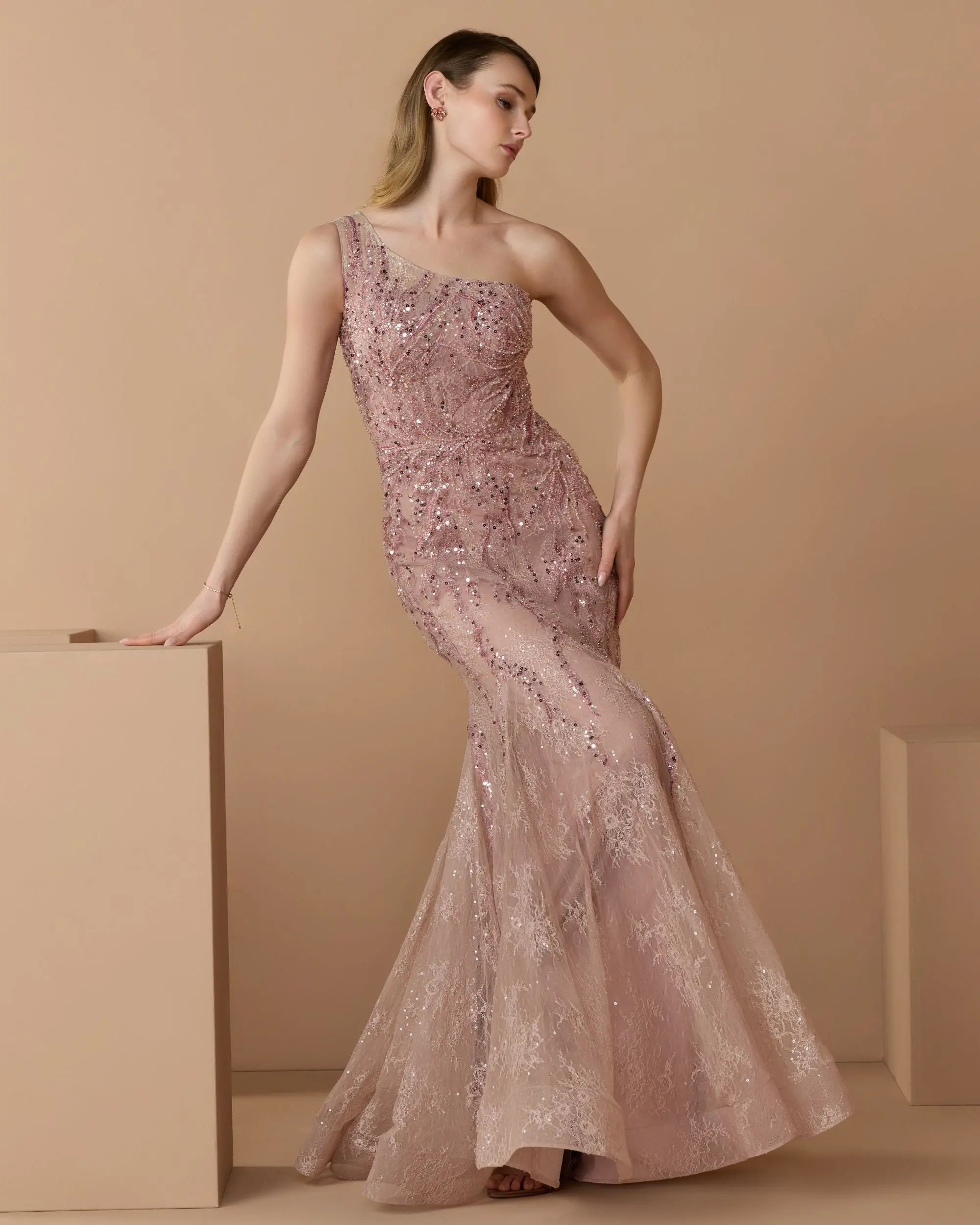 Image of Pink Embellished Lace One Shoulder Mermaid Gown
