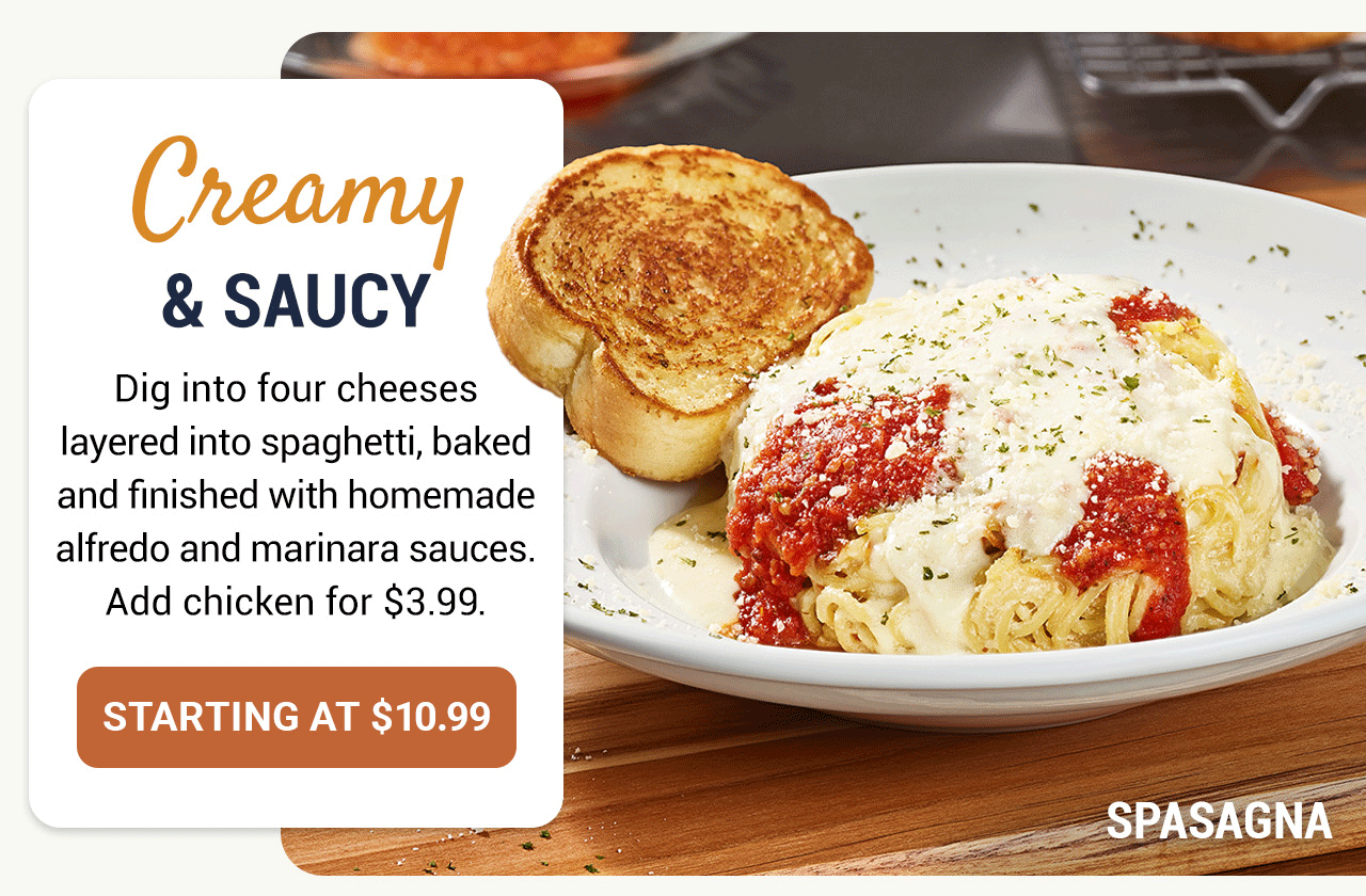 Dig into four cheeses layered into spaghetti, baked and finished with homemade alfredo and marinara sauces. Add chicken for $3.99.