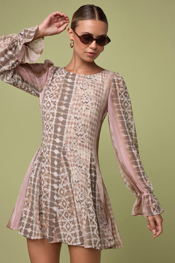 Image of Kivah Pink and Taupe Boho Print Long Sleeve Mini Dress
