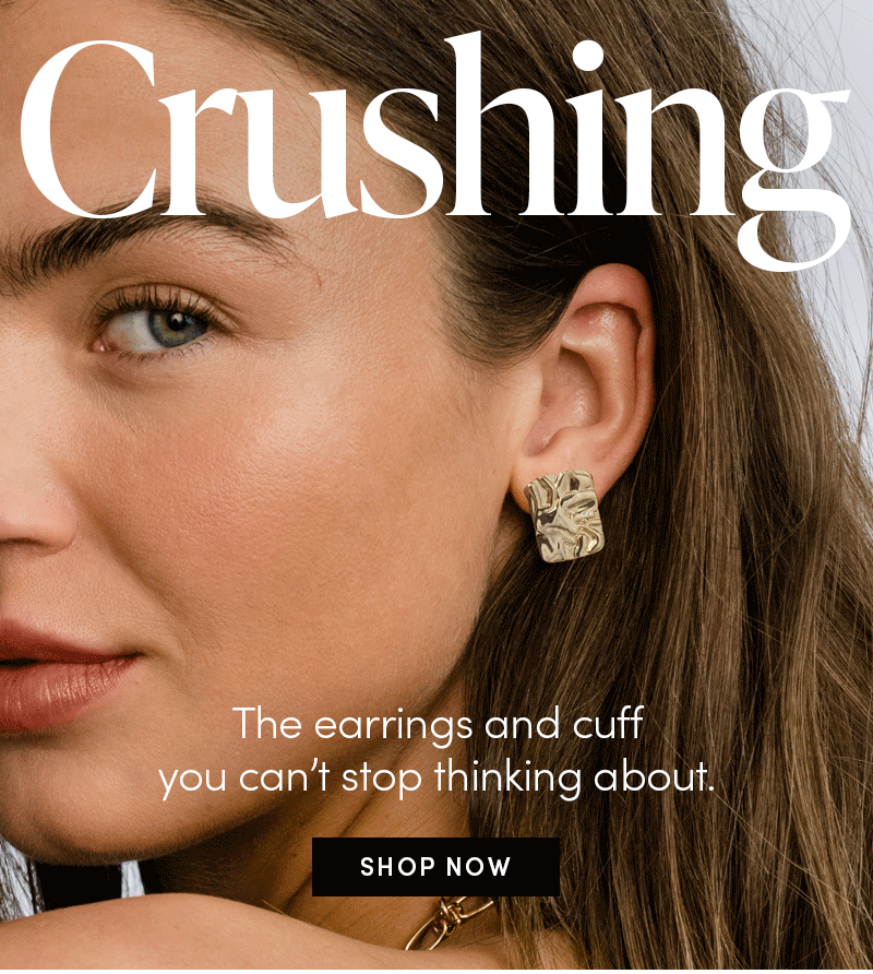 Slideshow of a woman wearing gold earrings with a crushed texture, and matching gold bracelet over a white sleeve and jeans