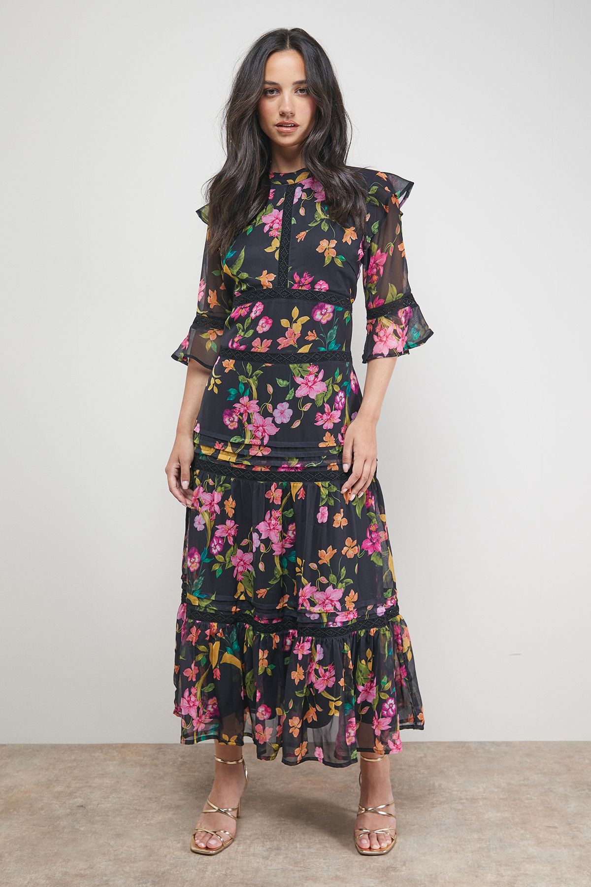 Chiffon Lace Insert Midi Dress