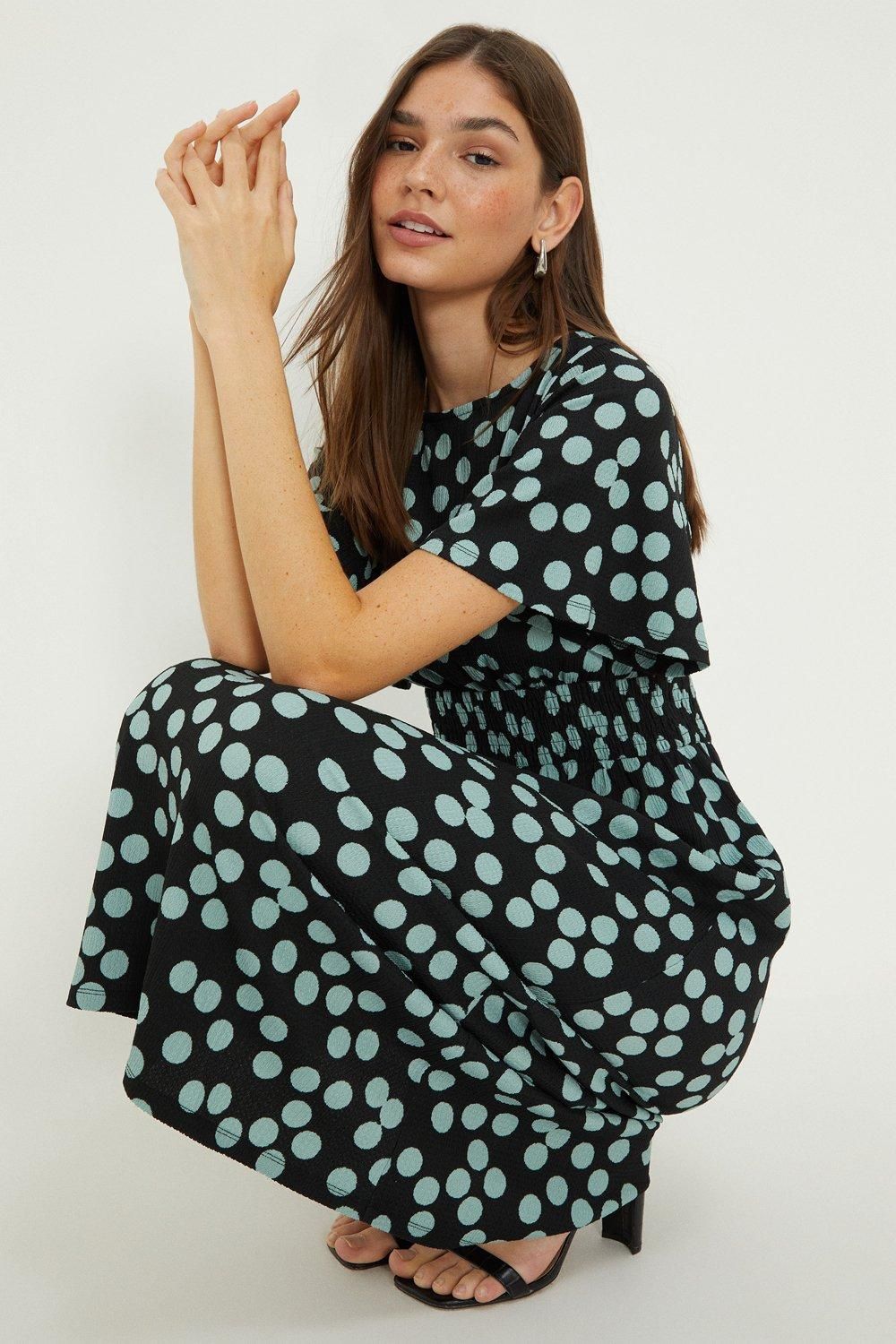 Spot Shirred Waist Short Sleeve Midi Dress
