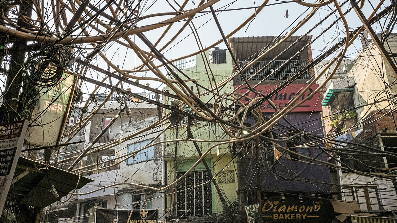 A tangle of electrical wires in the Old City of New Delhi.