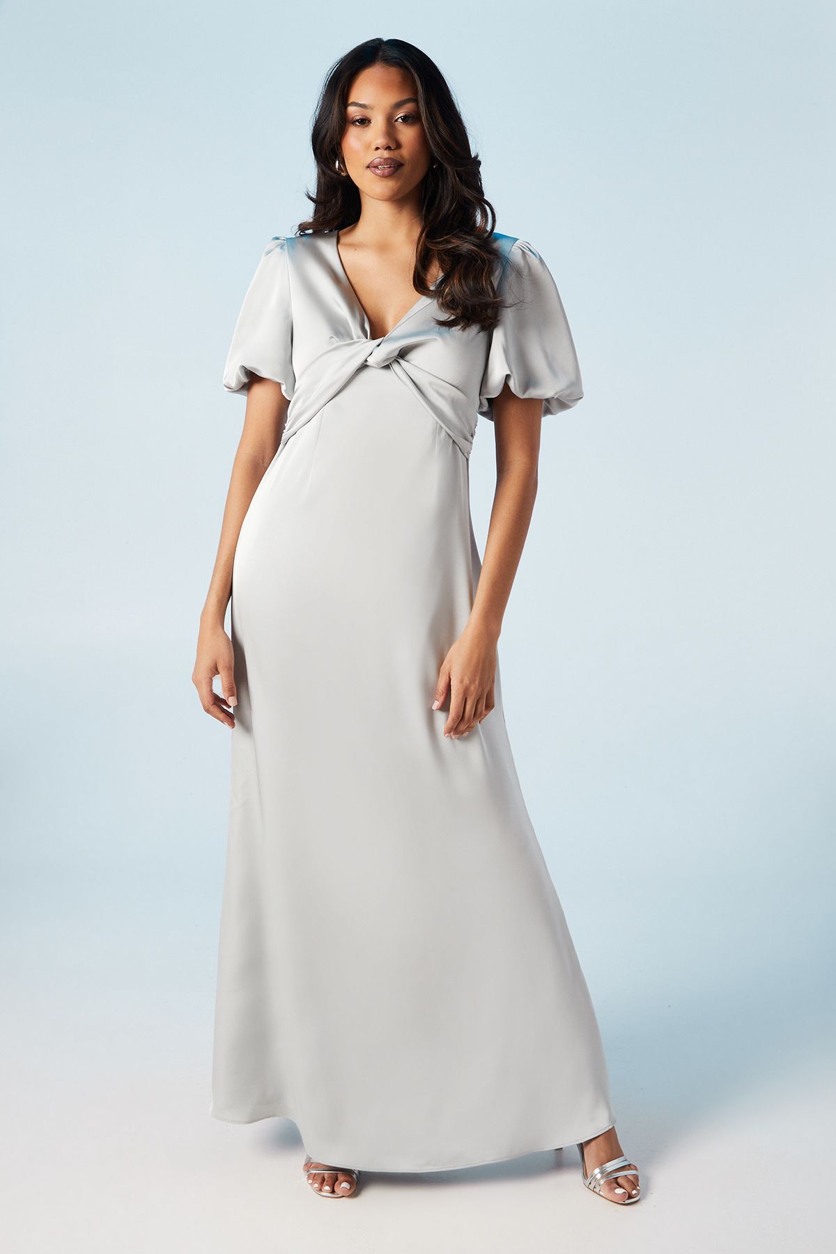 Twist Detail Puff Sleeve Satin Bridesmaid Maxi Dress