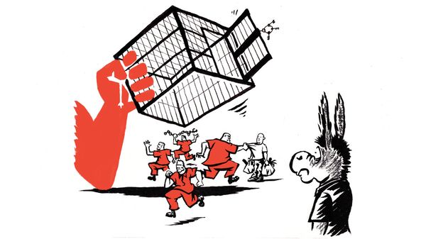 A hand lifting a cage that releases prisonners. The democratic donkey looks with fear.