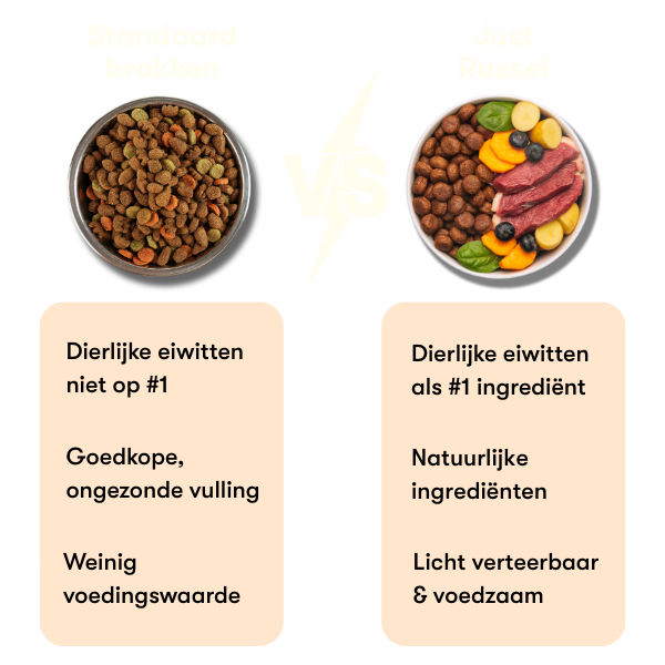 Een vergelijking tussen Just Russel brokjes en andere brokjes.