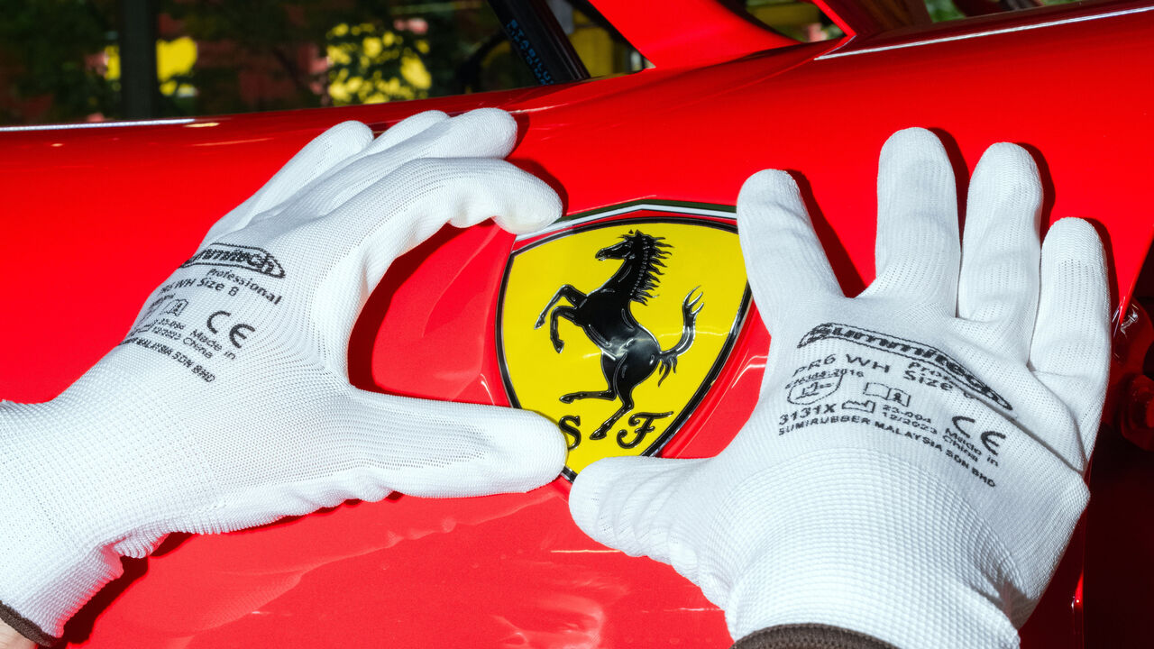 A close-up of the Ferrari logo on the production lineat Ferrari's new e-building factory in Maranello, Italy.